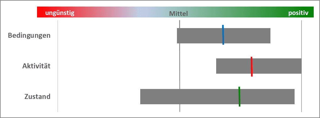 Grafik des Instituts für Industrielle Ökologie. Nachhaltigkeitsbetrachtung über eine Reihe von Indikatoren zu einem großen Themenbereich mit Streuung und Mittelwerten zu den Wirkungen bezüglich der Rahmenbedingungen, der politischen und gesellschaftlichen Aktivität und des Zustandes (reaktiv wirkende Faktoren) in dem Bereich. Bedingungen liegen im oberen negativen Bereich Aktivitäten und Zustand im unteren positiven Bereich.