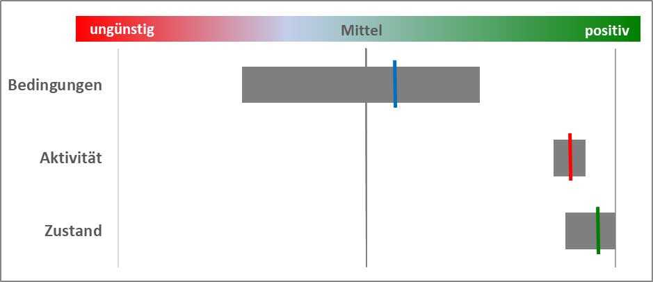 Grafik des Instituts für Industrielle Ökologie. Nachhaltigkeitsbetrachtung über eine Reihe von Indikatoren zu einem großen Themenbereich mit Streuung und Mittelwerten zu den Wirkungen bezüglich der Rahmenbedingungen, der politischen und gesellschaftlichen Aktivität und des Zustandes (reaktiv wirkende Faktoren) in dem Bereich. Bedingungen liegen im unteren positiven Bereich Aktivitäten und Zustand im obersten positiven Bereich.