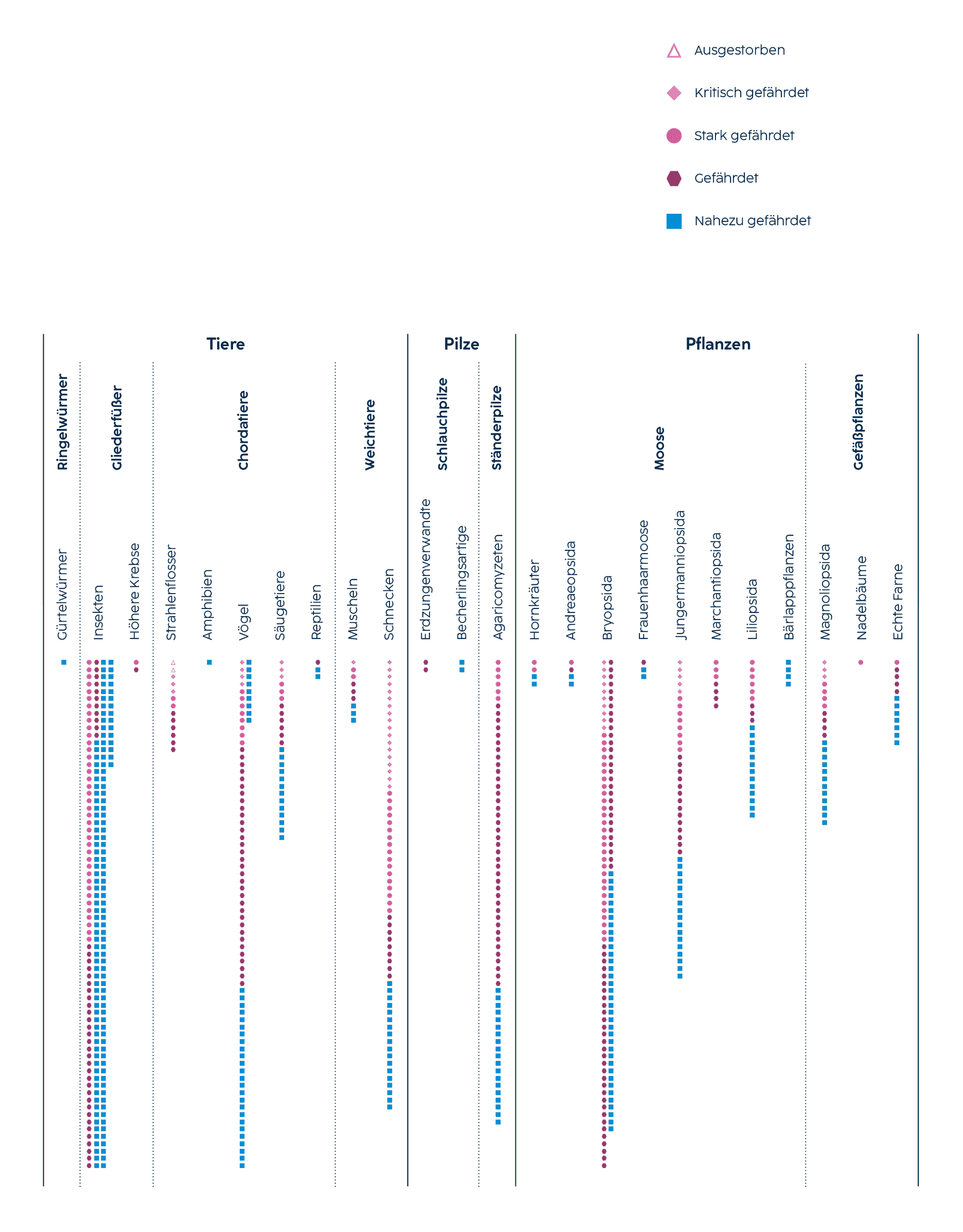 Das komplexe Säulendiagramm zeigt die Gefährdungsstufen von Tieren Pilzen und Pflanzen. In Österreich wurden über 780 gefährdete Arten identifiziert. Die meisten davon sind Insekten. Unter den Tieren sind am meisten Vögel und Schnecken gefährdet. Unter den Pflanzen sind viele Bryopsida, eine Art von Laubmoos, gefährdet.