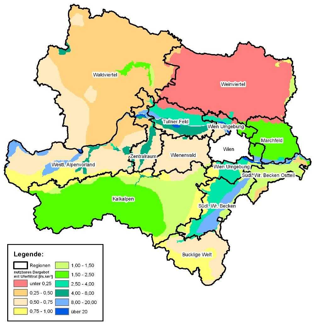 Diese stilisierte Karte von Niederösterreich weist die Flächen nach nutzbarem Grundwasserdargebot aus. Dies ist im Weinviertel am niedrigsten, im Steinviertel (Industrieviertel) und entlang der Donau am höchsten.