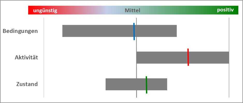 Grafik des Instituts für Industrielle Ökologie. Nachhaltigkeitsbetrachtung über eine Reihe von Indikatoren zu einem großen Themenbereich mit Streuung und Mittelwerten zu den Wirkungen bezüglich der Rahmenbedingungen, der politischen und gesellschaftlichen Aktivität und des Zustandes (reaktiv wirkende Faktoren) in dem Bereich. Bedingungen liegen im oberen negativen Bereich Aktivitäten sind im mittleren und Zustand im unteren positiven Bereich.