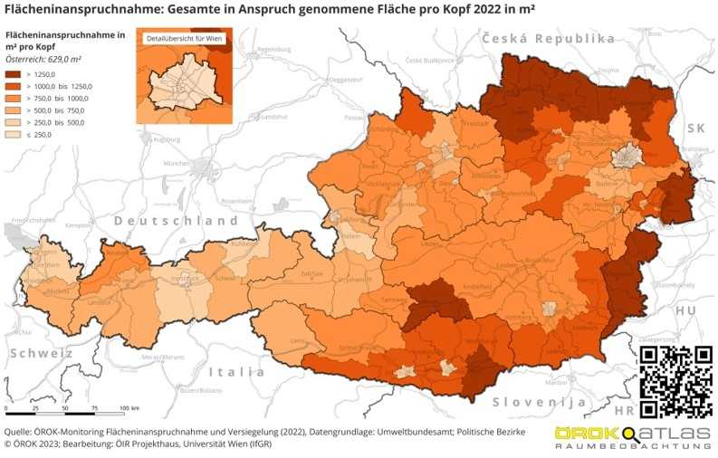 Flächeninanspruchnahme bezogen auf die Wohnbevölkerung in Österreich (Fl. pro Kopf, ÖROK 2022).jpg