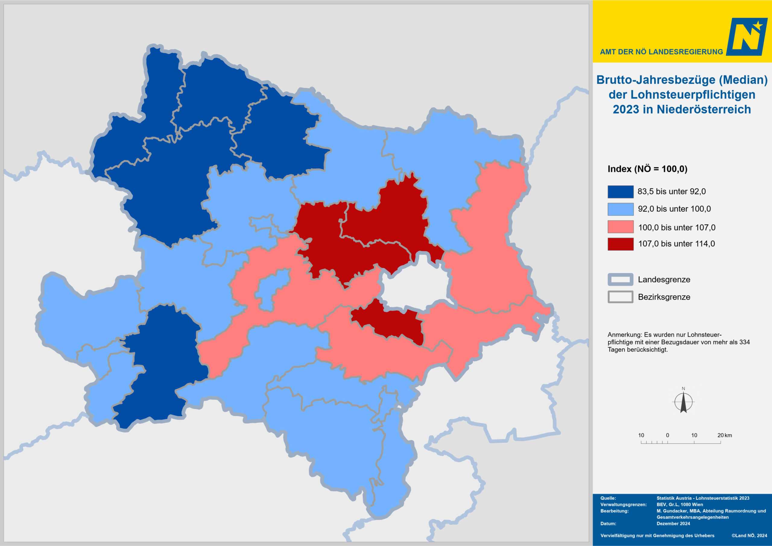 Durchschnittliche Brutto-/Netto-Jahresbezüge (Mittelwert in €) der Lohnsteuerpflichtigen 2018-2023 nach Verwaltungsbezirken in NÖ
