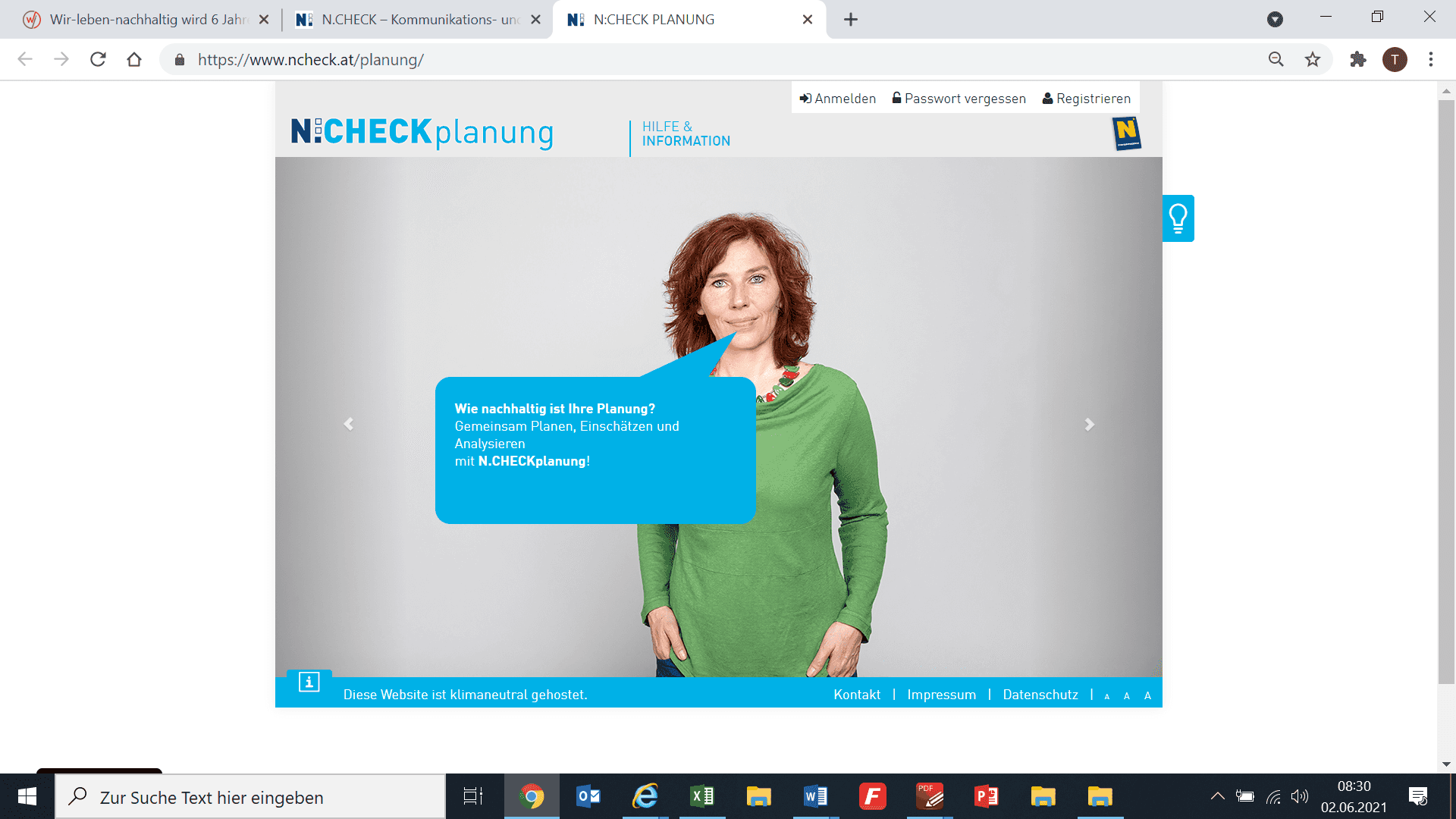 Das Foto zeigt die Einstiegsseite der Website NCHECK-Planung.